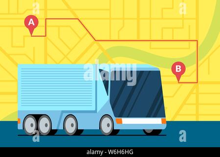 Logistique moderne de la remorque de camion de cargaison sur la carte de la ville avec l'itinéraire a à b géotag gps emplacement icônes sur la route. Service de suivi de la livraison du transport professionnel. Illustration du vecteur d'expédition Illustration de Vecteur