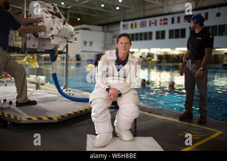 La NASA L'astronaute Tracy Caldwell Dyson pose pour un portrait EVA vêtue de son costume de l'espace dans le laboratoire de flottabilité neutre au Johnson Space Center, le 8 juillet 2019 à Houston, Texas. Banque D'Images