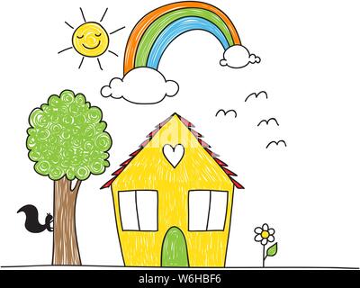 Jolie maison de style de dessins d'enfants, arbre, fleurs et arc-en-ciel soleil. La coloration est imparfait à la recherche. Illustration de Vecteur