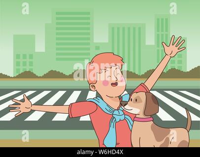 Smiling adolescent et promener le chien cartoon Illustration de Vecteur