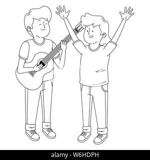 Les adolescents friends Smiling et s'amusant cartoon en noir et blanc Illustration de Vecteur