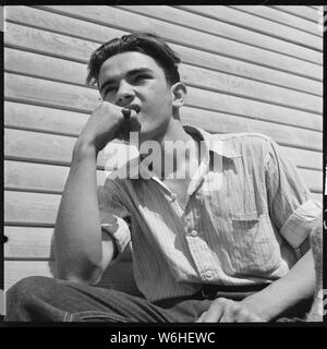 Hayward, Californie. Les jeunes sur le soulagement. High school student appelant pour les surplus de produits de base pour sa famille à l'aide d'urgence. Il a un travail de l'Administration nationale de la jeunesse le nettoyage de la laboratoire de chimie à 10,00 $ par mois. Il voulait un samedi après-midi et dimanche travail à lui fournir de l'argent de poche Banque D'Images