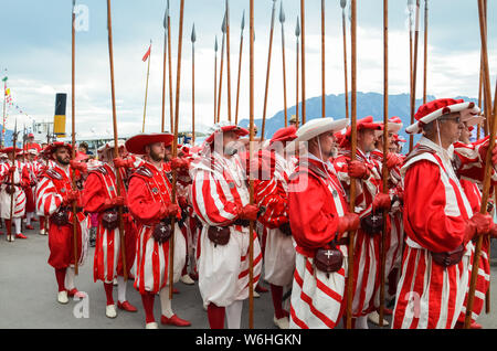 Vevey, Suisse - 1 août 2019 : défilé traditionnel sur la fête nationale suisse. Fête nationale de la Suisse, situé au 1er août. Célébration de la fondation de la Confédération suisse. Jour de l'indépendance. Banque D'Images