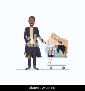 Pauvre homme panier chariot poussant avec effets personnels african american guy marchant de mendicité pour aider les sans-abri concept fond blanc Longueur totale Illustration de Vecteur