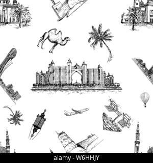 Motif de la main transparente style croquis United Arabian Emirates objets connexes isolé sur fond blanc. Vector illustration. Illustration de Vecteur