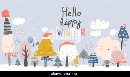 Arbres d'hiver mignon. Arbres d'hiver dessin animé sur fond bleu Illustration de Vecteur