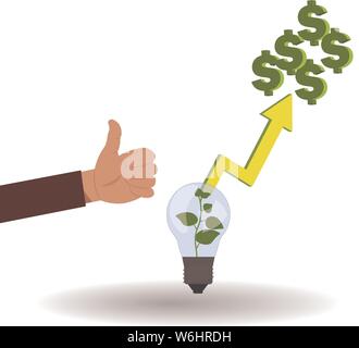 Bonne idée d'illustration vectorielle avec la main avec comme le signe et l'idée de la lampe, où l'augmentation de l'argent à l'intérieur de la plante verte et de là à flèche araising Illustration de Vecteur