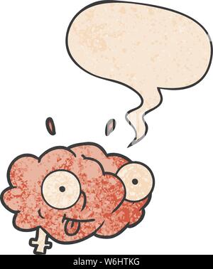 Funny cartoon cerveau avec bulle en rétro style texture Illustration de Vecteur