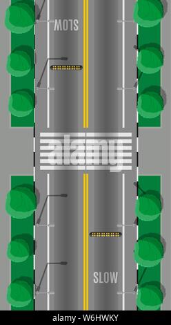 Traversée de la route avec ralentisseur. Des routes modernes et des transports. Vue d'en haut. La sortie de l'autoroute, traverser la rue. Les règles de la circulation. Règles de la route. Vector illustration style de télévision Illustration de Vecteur