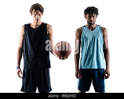 Deux joueurs de basket-ball hommes isolés dans l'ombre silhouette sur fond blanc Banque D'Images