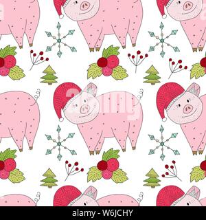 Doodle cochon de Noël. Vecteur de Noël motif transparent avec des illustrations de vacances.Cute cartoon illustrations avec les porcs. Illustration de Vecteur