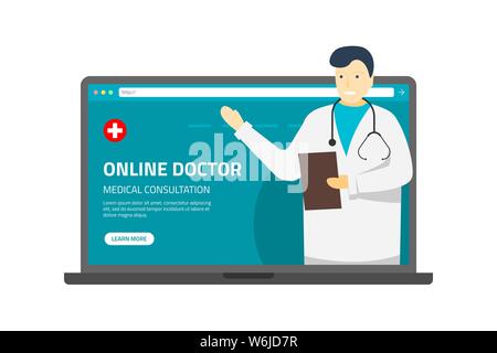 Assistance médicale en ligne de soins de santé. Médecin thérapeute mâle avec stéthoscope sur écran d'ordinateur. Vector Flat Illustration consultation Internet service de diagnostic hospitalier Illustration de Vecteur