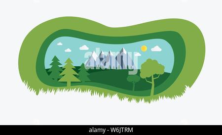 Nature Paysage avec un papier coupé style design vector illustration.Green natural Terrain avec arbres , hills , montagnes et le fond de ciel.Summer avec Bea Illustration de Vecteur