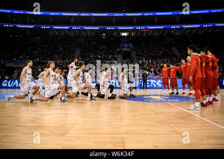 Les joueurs de Nouvelle-zélande effectuer kiwi haka dance pour égayer dans leur groupe un troisième match contre la Chine lors de la Coupe du Monde de Basketball FIBA 2019 Banque D'Images