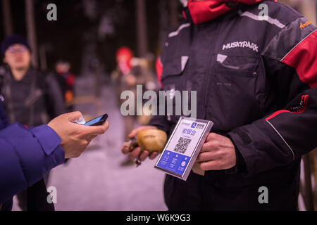 Un client chinois utilise son smartphone pour scanner un QR code, à effectuer le paiement au moyen du service de paiement en ligne Alibaba Alipay au parc Husky à Rovaniem Banque D'Images