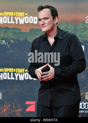 Berlin, Allemagne. 06Th Aug 2019. Réalisateur Quentin Tarantino vient à la première du film "Il était une fois à Hollywood." pour le cinéma Cinestar. La production hollywoodienne commence le 15.08.2019 dans les cinémas allemands. Credit : Jens Kalaene Zentralbild-/dpa/dpa/Alamy Live News Banque D'Images