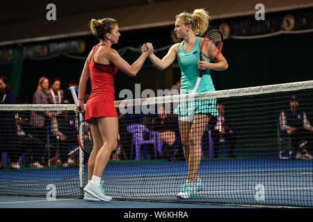 De la Roumanie : Simona, gauche, interagit avec Katerina Siniakova de République tchèque dans leur dernier match de simple féminin au cours de l'ATA 2018 Shenzhe Banque D'Images