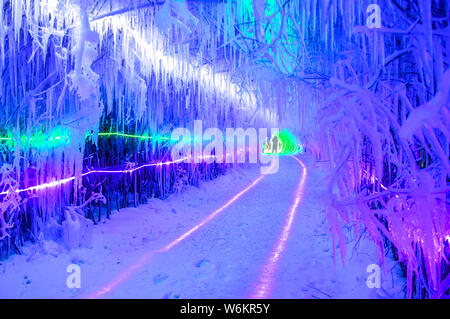 Vue de l'intérieur d'un 200 mètres de long dans la grotte de glace de l'Laobai Mountain scenic spot près de Snow Village de Zhongshan City, province de Jilin du nord-est de la Chine, 26 Jan Banque D'Images