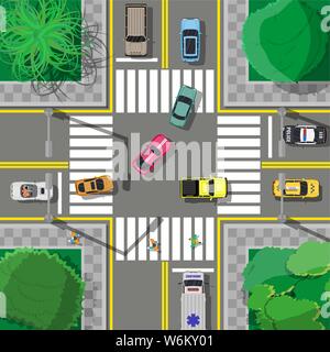 Ville carrefour d'asphalte avec marquage, des allées. Rond-point road junction. Les règles de la circulation. Règles de la route. Vector illustration style de télévision Illustration de Vecteur