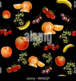 L'aquarelle de nombreux fruits modèle transparente , sur fond sombre Banque D'Images