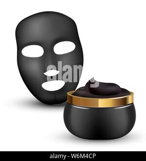Masque de détoxification au charbon contenu dans un pot cosmétique avec des éléments. Masque noir réaliste. illustration 3d. Illustration de Vecteur