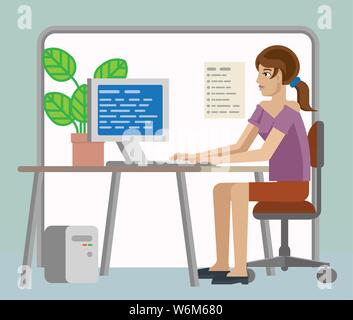 Woman Working at Desk In Office Cartoon Illustration de Vecteur