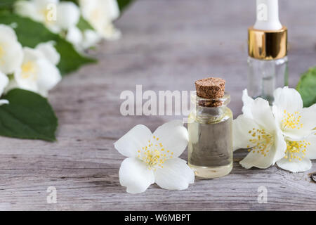 L'huile essentielle de jasmin. Huile de massage avec fleurs de jasmin sur un fond de bois. Banque D'Images