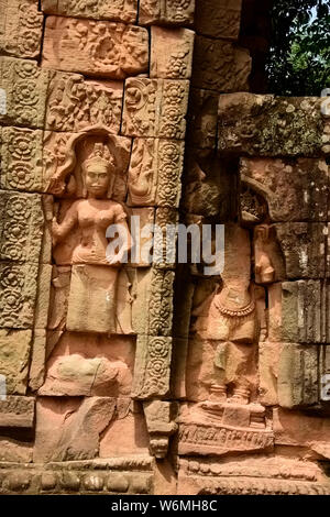 L'une des nombreuses œuvres sculptées dans le vaste complexe d'Angkor, de plusieurs siècles, ici au Cambodge Banque D'Images