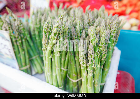 Bottes d'asperges vertes fraîches au marché de légumes prêts à vendre à caler. Banque D'Images