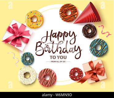 Happy Birthday Greeting card vector modèle. Joyeux anniversaire texte en châssis circulaire avec l'espace blanc pour message et éléments colorés comme donuts party Illustration de Vecteur