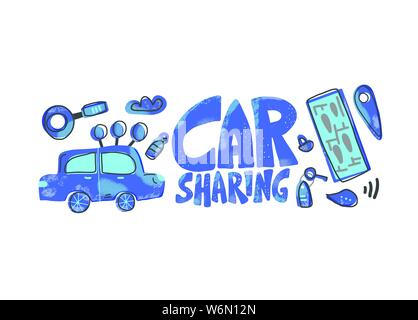 Concept d'auto-partage. Lettrage à la main avec des symboles. Le partage de voiture avec des éléments de phrase. Vector illustration. Illustration de Vecteur