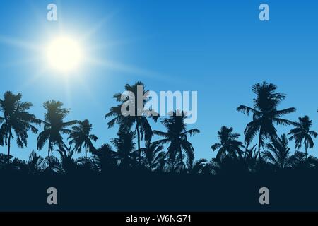 Illustration réaliste de ciel bleu avec shining soleil levant et de l'espace pour le texte. Dessus des palmiers tropicaux en vacances - vector Illustration de Vecteur