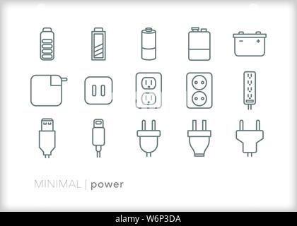 Ensemble de 15 icônes de la ligne d'alimentation pour l'électronique de chargement ou de brancher des appareils électriques et les articles Illustration de Vecteur