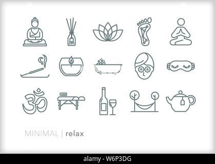Ensemble de 15 icônes de ligne des petits soins de relaxation et d'autogestion de la santé Illustration de Vecteur
