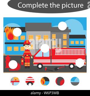 Complétez le puzzle et trouver les parties manquantes de l'image, fireman fun jeu pour les enfants de l'éducation préscolaire, de l'activité Feuille de tâche, pour les enfants Illustration de Vecteur