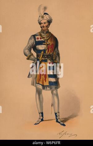 Guest en costume pour la reine Victoria's Bal Costum&# xe9 ;, le 12 mai 1842, (1843). L'homme à l'hermine à plumes garnis de hat, chain mail et tabard, avec un crucifix autour du cou. Les membres de la famille royale étaient censés porter robe de la période Plantagenêt (c1154-1485), bien que d'autres invités pourraient porter des costumes de leur choix. Les costumes ont été conçus sous la supervision de James Robinson Planch&# xe9 ; et ont été spécifiquement destiné à donner du travail à la baisse de l'industrie de la soie de Spitalfields. La balle de 1842, tenue au Palais de Buckingham à Londres, a été la première des trois balles costume tenue par Q Banque D'Images