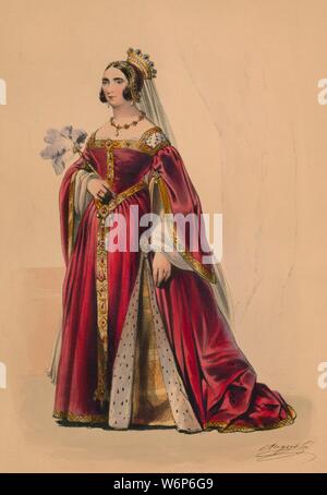 Guest en costume pour la reine Victoria's Bal Costum&# xe9 ;, le 12 mai 1842, (1843). Invité, peut-être la princesse Augusta de Saxe-Weimar-Eisenach (1811-1890), portant une couronne ornée de fourrure, et garnis de robe, et la tenue d'une plume d'autruche de ventilateur. Les membres de la famille royale étaient censés porter robe de la période Plantagenêt (c1154-1485), bien que d'autres invités pourraient porter des costumes de leur choix. Les costumes ont été conçus sous la supervision de James Robinson Planch&# xe9 ; et ont été spécifiquement destiné à donner du travail à la baisse de l'industrie de la soie de Spitalfields. La balle de 1842, tenue à Bucking Banque D'Images