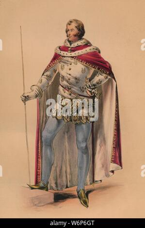 Guest en costume pour la reine Victoria's Bal Costum&# xe9 ;, le 12 mai 1842, (1843). L'homme en robe médiévale, avec 'jour de ma vie" (jour de ma vie), répété sur la bordure de sa cape. Les membres de la famille royale étaient censés porter robe de la période Plantagenêt (c1154-1485), bien que d'autres invités pourraient porter des costumes de leur choix. Les costumes ont été conçus sous la supervision de James Robinson Planch&# xe9 ; et ont été spécifiquement destiné à donner du travail à la baisse de l'industrie de la soie de Spitalfields. La balle de 1842, tenue au Palais de Buckingham à Londres, a été le premier de trois billes de costumes Banque D'Images