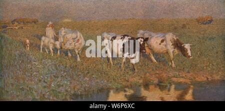 La piscine "potable", c1898, C1930). Jeune femme au volant de vaches l'eau à travers une prairie. La peinture dans le Cartwright Hall art gallery, galeries d'art et musées de Bradford, West Yorkshire. À partir de "chefs-d'art britannique moderne". [L'Amalgamated Press Ltd., Londres, c1930] Banque D'Images