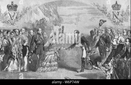 'Reine Victoria a reçu à Boulogne par l'empereur Napoléon III, le 18 août 1855', (1901). Victoria (1819-1901) et son époux, le Prince Albert (1819-1861) sont accueillis à la France par Napoléon III (1808-1873). "De l'Illustrated London News Record de la glorieuse époque de la reine Victoria 1837-1901 : la vie et l'accession du roi Édouard VII et la vie de la Reine Alexandra". [Londres, 1901] Banque D'Images