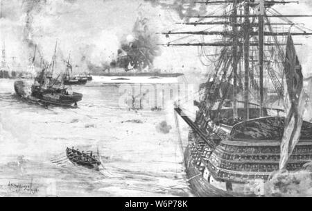 'La guerre de Crimée : le bombardement d'Odessa par la flotte britannique, le 21 avril 1854', (1901). Le port d'Odessa sur la mer Noire est tiré sur des navires de la Royal Navy. "De l'Illustrated London News Record de la glorieuse époque de la reine Victoria 1837-1901 : la vie et l'accession du roi Édouard VII et la vie de la Reine Alexandra". [Londres, 1901] Banque D'Images