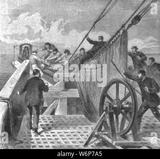 "La rupture du câble de l'Atlantique à bord du "Grand Est", 2 août 1865", (1901). Le premier câble télégraphique transatlantique a été mis sur le plancher de l'océan Atlantique à partir de Valentia Island dans l'ouest de l'Irlande à Heart's Content dans l'Est de Terre-Neuve, Canada. Le câble a éclaté à plusieurs reprises, mais a été réparé. Le câble a réduit le temps de communication entre l'Amérique du Nord et l'Europe de dix jours, le temps nécessaire pour délivrer un message par navire - à une question de minutes. "De l'Illustrated London News Record de la glorieuse époque de la reine Victoria 1837-1901 : la vie et l'Accessio Banque D'Images