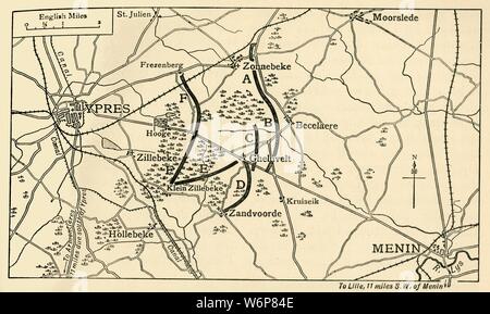 Positions britanniques avant la première bataille d'Ypres, Première Guerre mondiale, 29-31 octobre 1914, (c1920). "De la Grande Guerre - une histoire" Volume I, édité par Frank UN Mumby. [Le Gresham Publishing Company Ltd, London, c1920] Banque D'Images