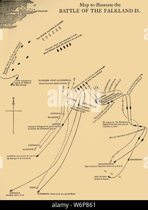 Carte illustrant la bataille des îles Falkland, le 8 décembre 1914, (c1920). Schéma de déplacements au cours de la Bataille des îles Falkland, un engagement naval de la Première Guerre mondiale, se sont battus dans l'Atlantique sud entre la Royal Navy et de la Kaiserliche Marine (Marine impériale allemande). Le SMS 'Scharnhorst' Allemand a été perdu avec toutes les mains. "De la Grande Guerre - une histoire" Volume II, édité par Frank UN Mumby. [Le Gresham Publishing Company Ltd, London, c1920] Banque D'Images