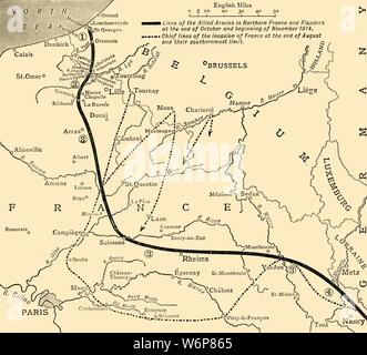 Les armées alliées en France et dans les Flandres, Première Guerre mondiale, 1914, c1920). 'Sketch Carte montrant les lignes des armées alliées du Nord de la France à la fin du mois d'octobre et début novembre, 1914'. "De la Grande Guerre - une histoire" Volume II, édité par Frank UN Mumby. [Le Gresham Publishing Company Ltd, London, c1920] Banque D'Images