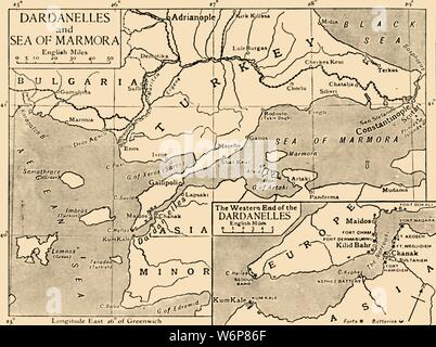 La carte des Dardanelles et la mer de Marmara, c1914, (1920). Le littoral autour de certaines parties de la Turquie, la Bulgarie, la mer Noire et la mer Égée au cours de la Première Guerre mondiale. "De la Grande Guerre - une histoire" Volume II, édité par Frank UN Mumby. [Le Gresham Publishing Company Ltd, London, c1920] Banque D'Images