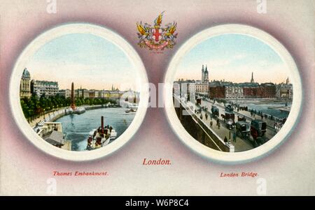 La Thames Embankment et London Bridge, Londres, 1909. Deux vues circulaires : bateaux à vapeur sur la Tamise avec Cleopatra's Needle, et le trafic sur le pont de Londres. Carte postale. [Fielder &AMP ; Henderson] Banque D'Images