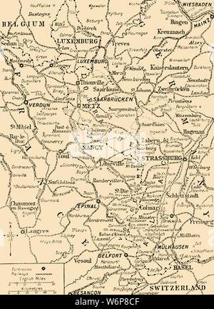 Carte montrant la frontière entre la France et l'Allemagne, Première Guerre mondiale, c1915, C1920). "La frontière franco-allemande', territoire contesté. "De la Grande Guerre - une histoire" Volume II, édité par Frank UN Mumby. [Le Gresham Publishing Company Ltd, London, c1920] Banque D'Images