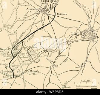 'La Bataille de Neuve Chapelle', Première Guerre mondiale, 1915, c1920). 'Map montrant les positions britanniques à la veille de l'attaque, et de la ligne britannique avant et après les combats de Mars 10-14, 1915'. Le paysage du village de Neuve-Chapelle et la campagne dans le nord de la France. La bataille a été un tournant dans la guerre de tranchées. "De la Grande Guerre - une histoire" Volume III, édité par Frank UN Mumby. [Le Gresham Publishing Company Ltd, London, c1920] Banque D'Images