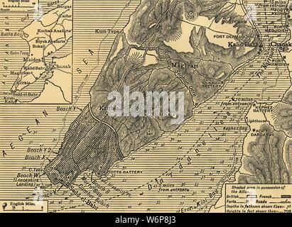 Les positions alliées sur la péninsule de Gallipoli en Turquie, Première Guerre mondiale, juillet 1915, (c1920). 'Les opérations dans la zone sud de Gallipoli : Carte montrant la ligne environ des Alliés à la fin des combats". Positions des forces britanniques et françaises, et des points stratégiques dans l'échec de la campagne contre la Turquie par les forces alliées. "De la Grande Guerre - une histoire" Volume III, édité par Frank UN Mumby. [Le Gresham Publishing Company Ltd, London, c1920] Banque D'Images